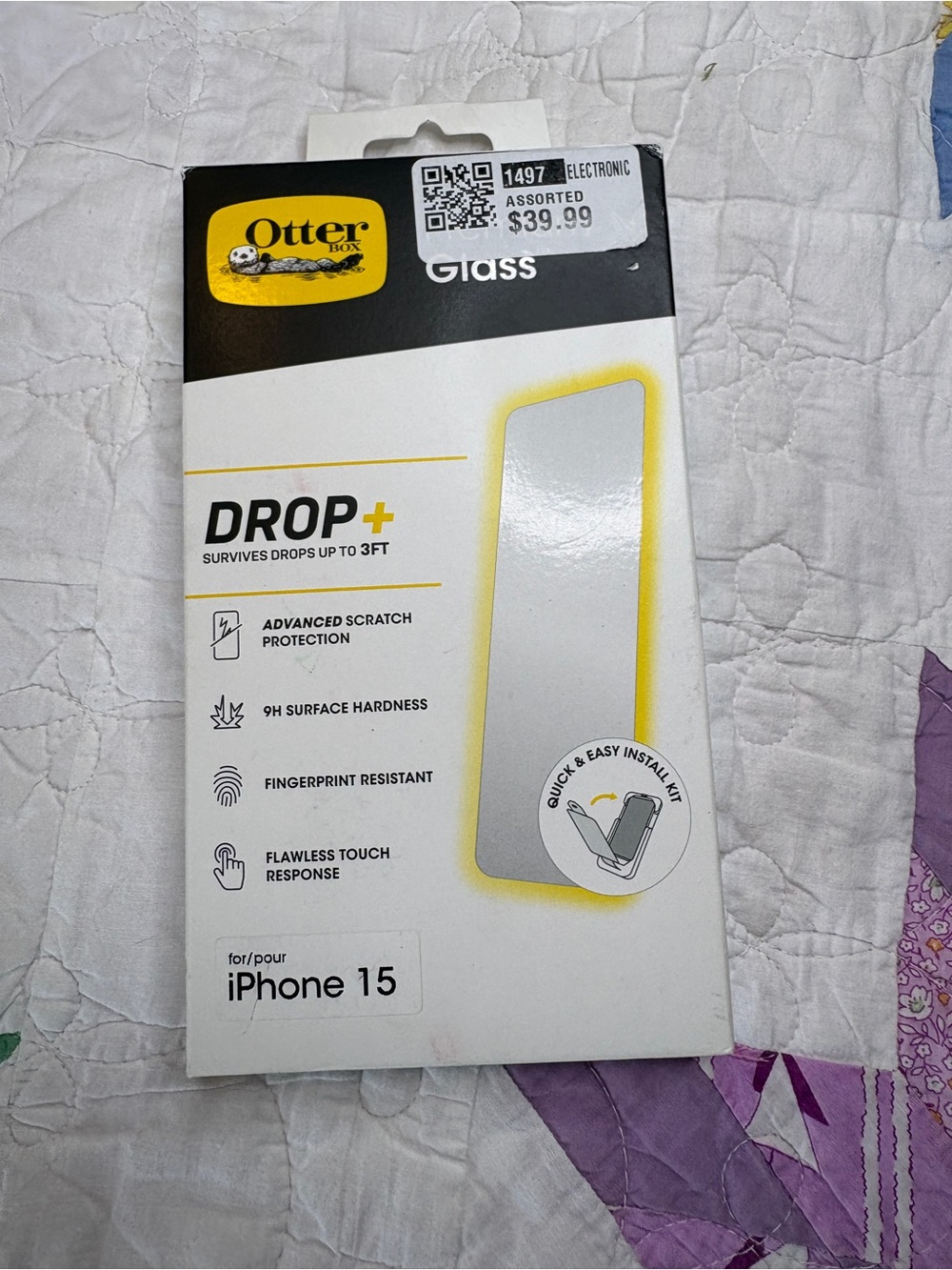 OtterBox Drop+ Glass Screen Protector for iPhone 15 - Clear/Yellow Accent
